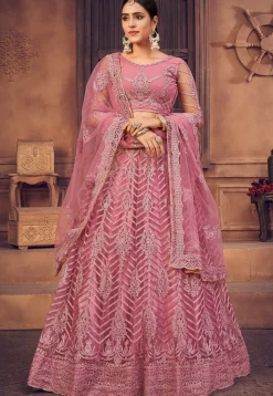 Embroidered Net Lehenga in Dusty Pink