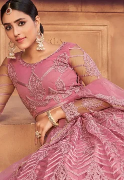 Embroidered Net Lehenga in Dusty Pink