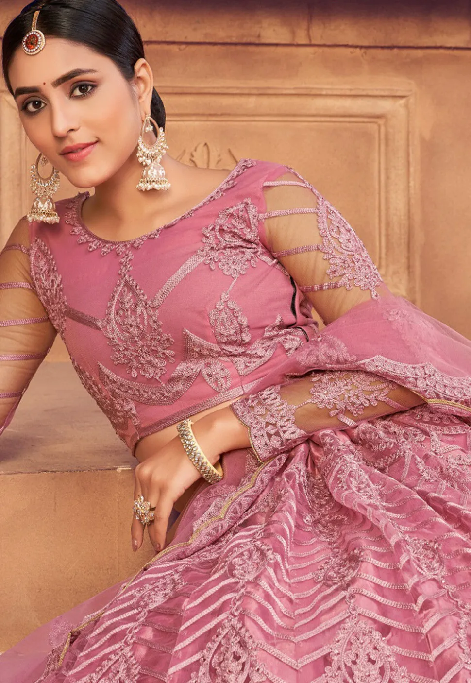 Embroidered Net Lehenga in Dusty Pink