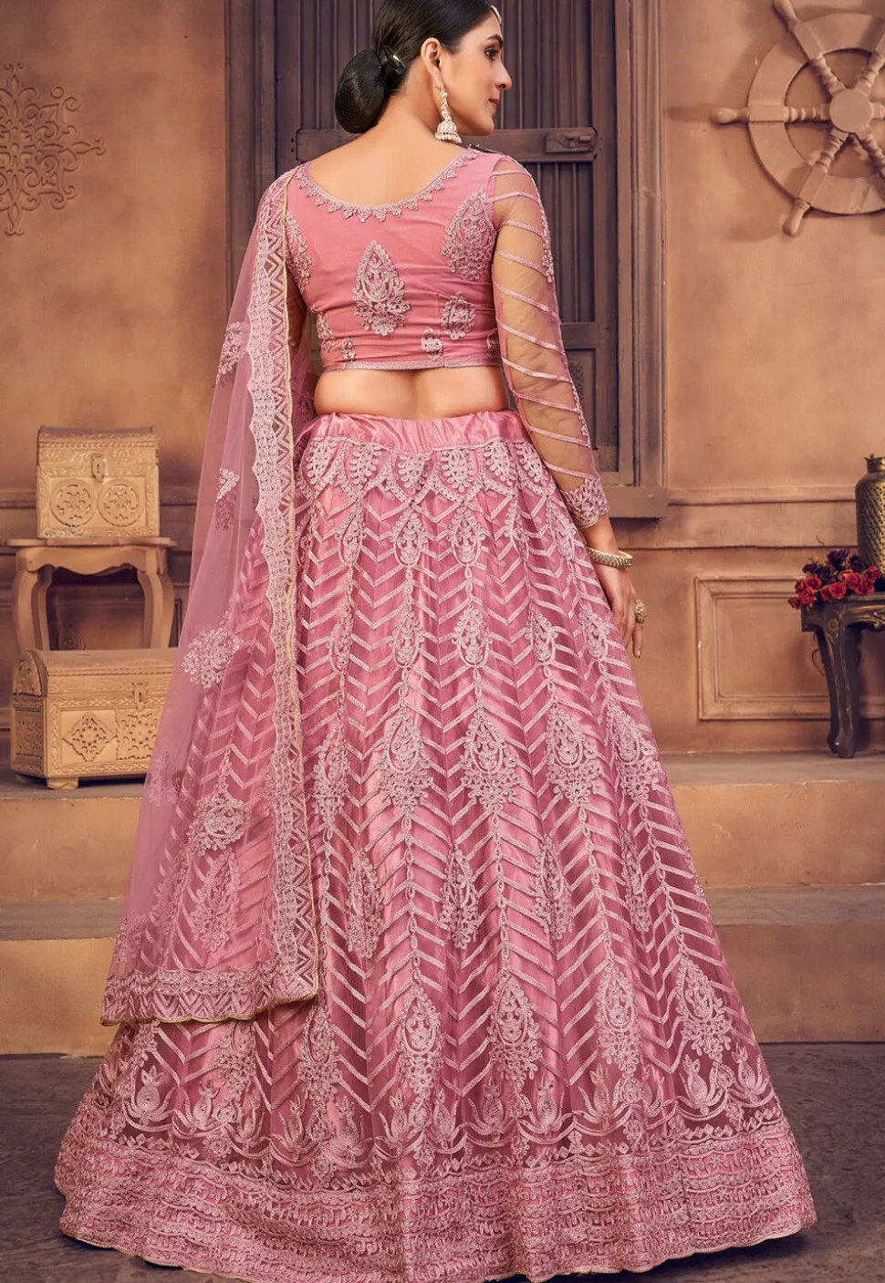Embroidered Net Lehenga in Dusty Pink
