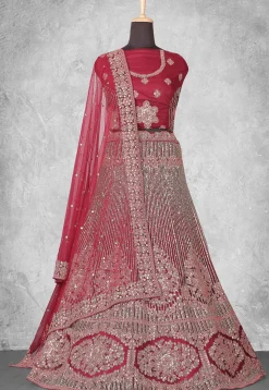 Embroidered Net Lehenga in Pink