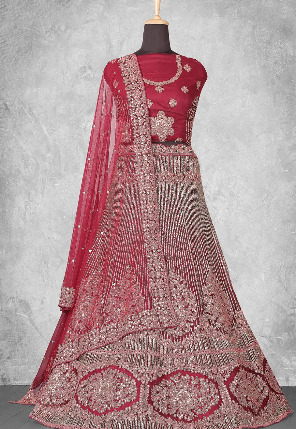 Embroidered Net Lehenga in Pink