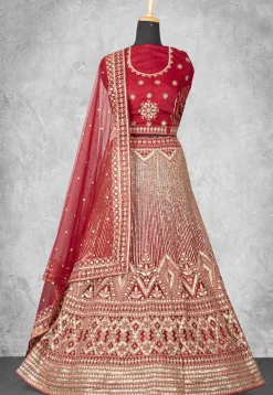 Embroidered Net Lehenga in Red