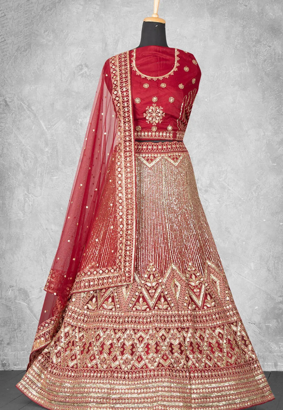 Embroidered Net Lehenga in Red