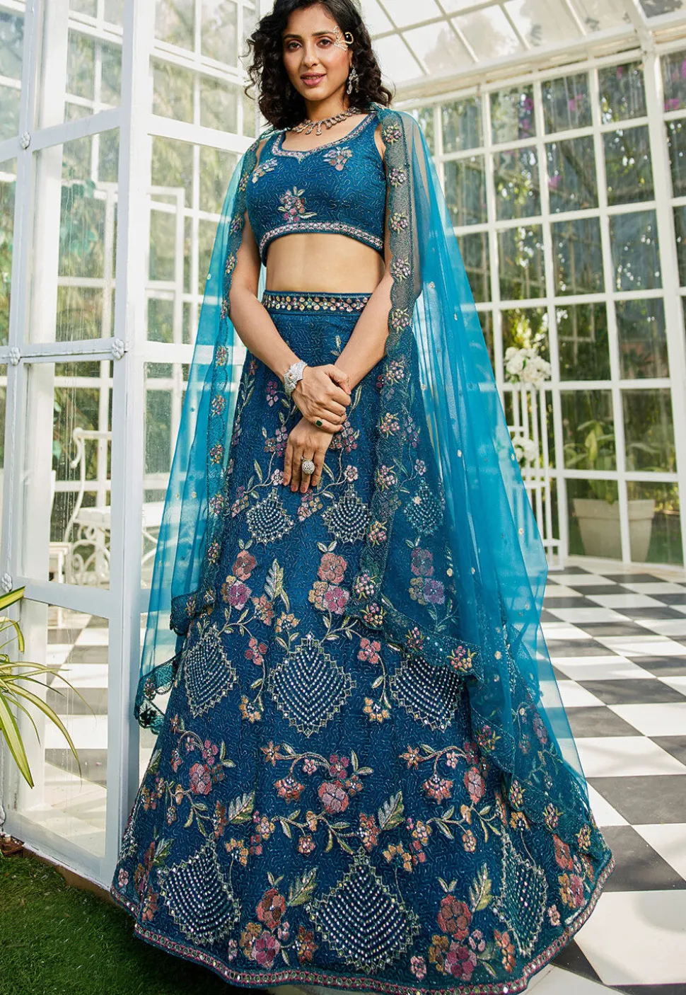 Embroidered Net Lehenga in Teal Blue