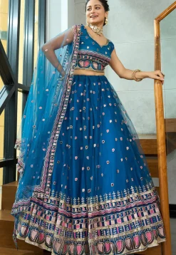 Embroidered Net Lehenga in Teal Blue