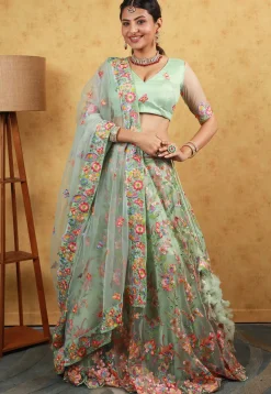 Embroidered Net Lehenga in Pastel Green