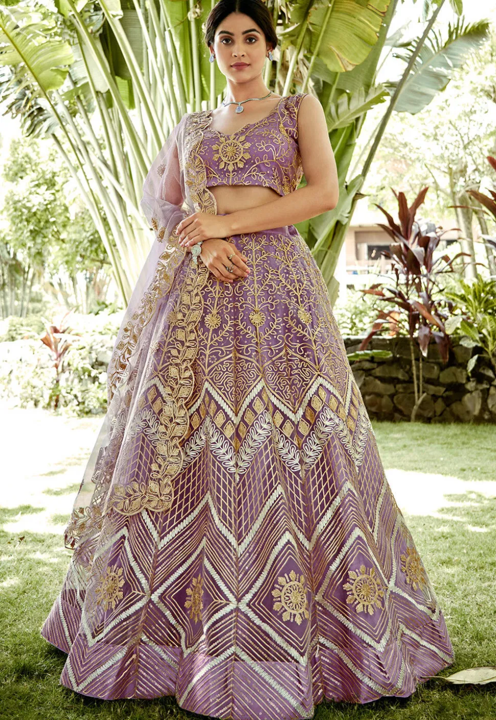 Embroidered Net Lehenga in Light Purple