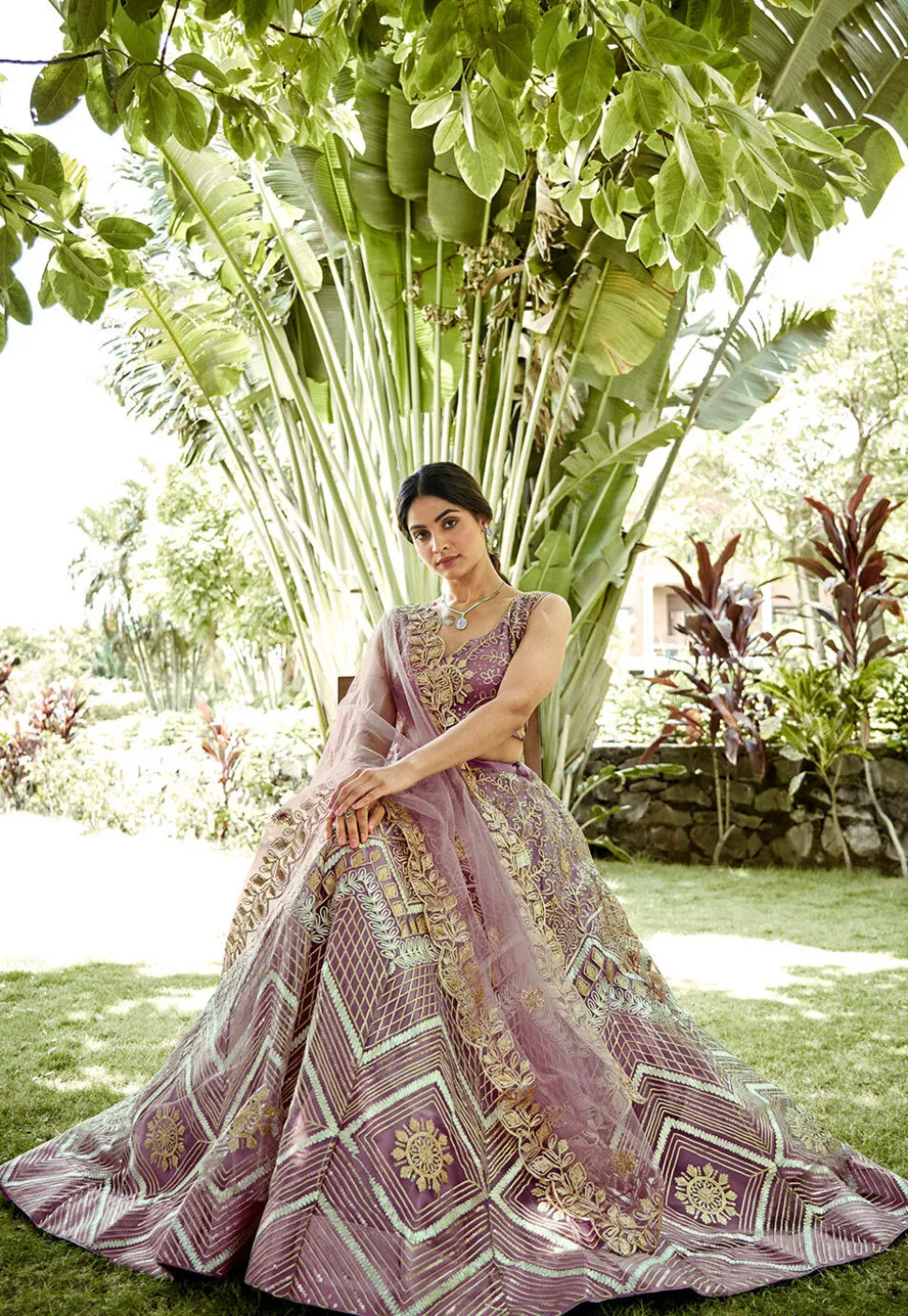 Embroidered Net Lehenga in Light Purple