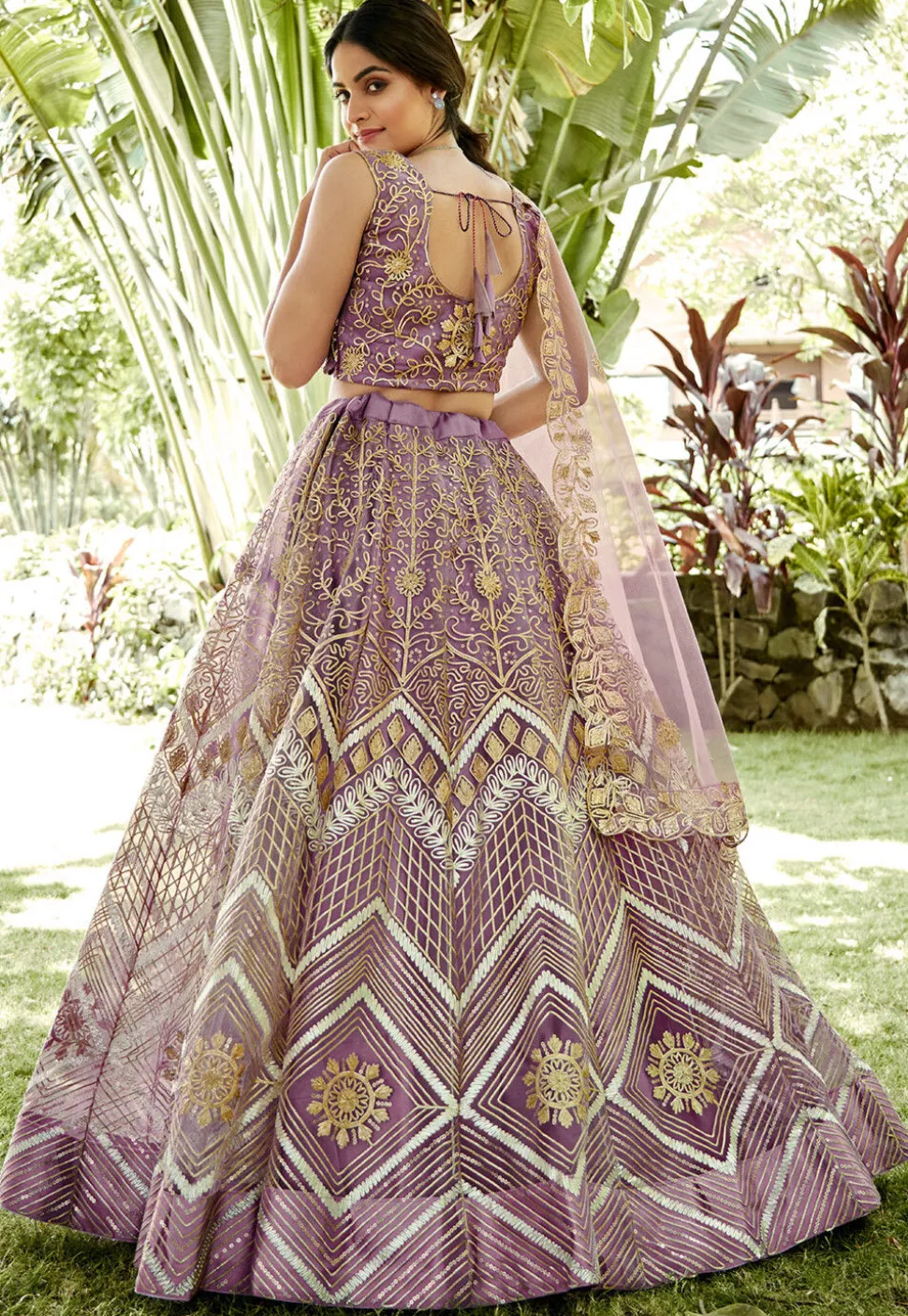 Embroidered Net Lehenga in Light Purple