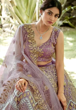 Embroidered Net Lehenga in Light Purple