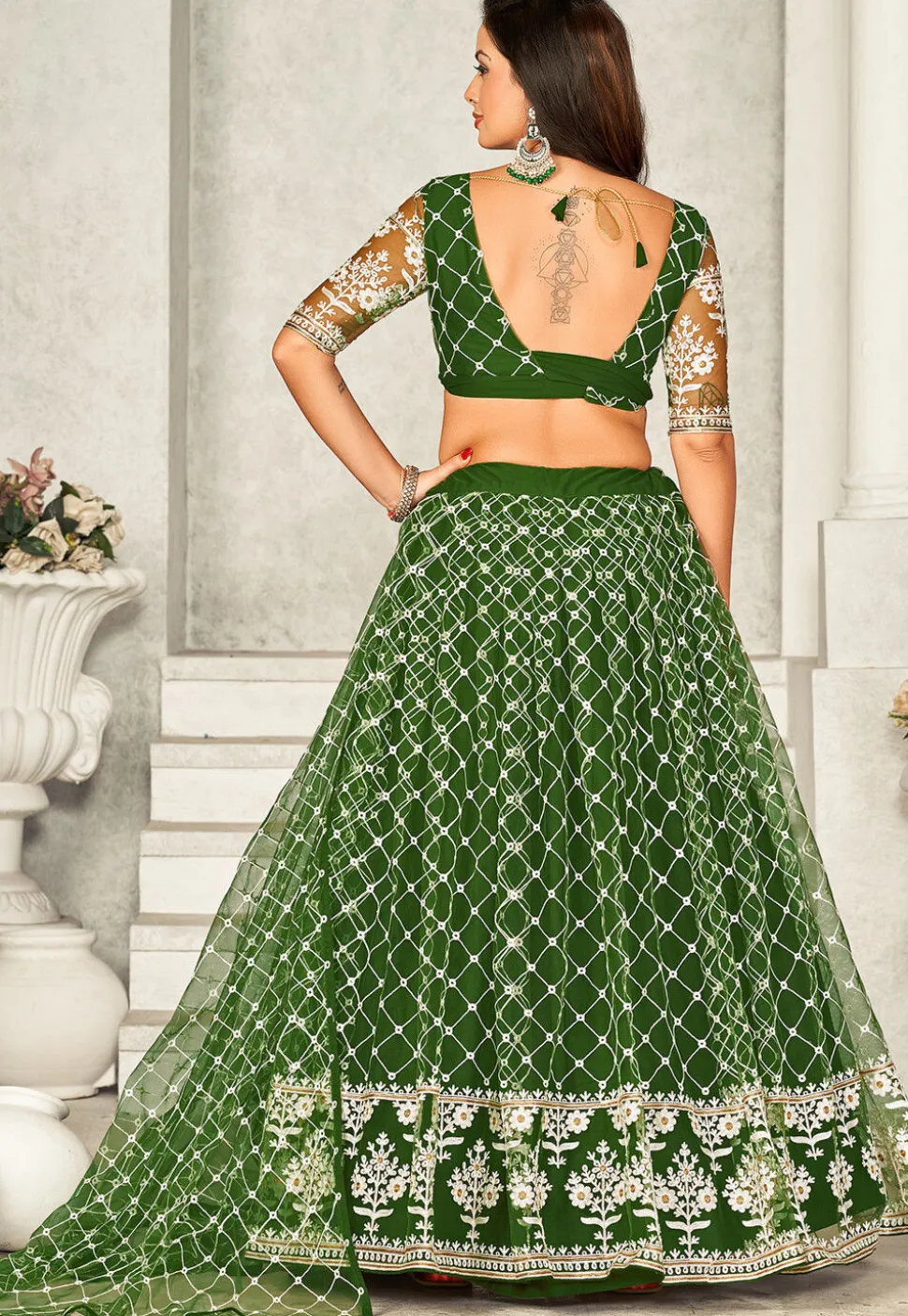 Embroidered Net Lehenga in Green