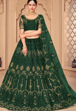 Embroidered Net Lehenga in Dark Green