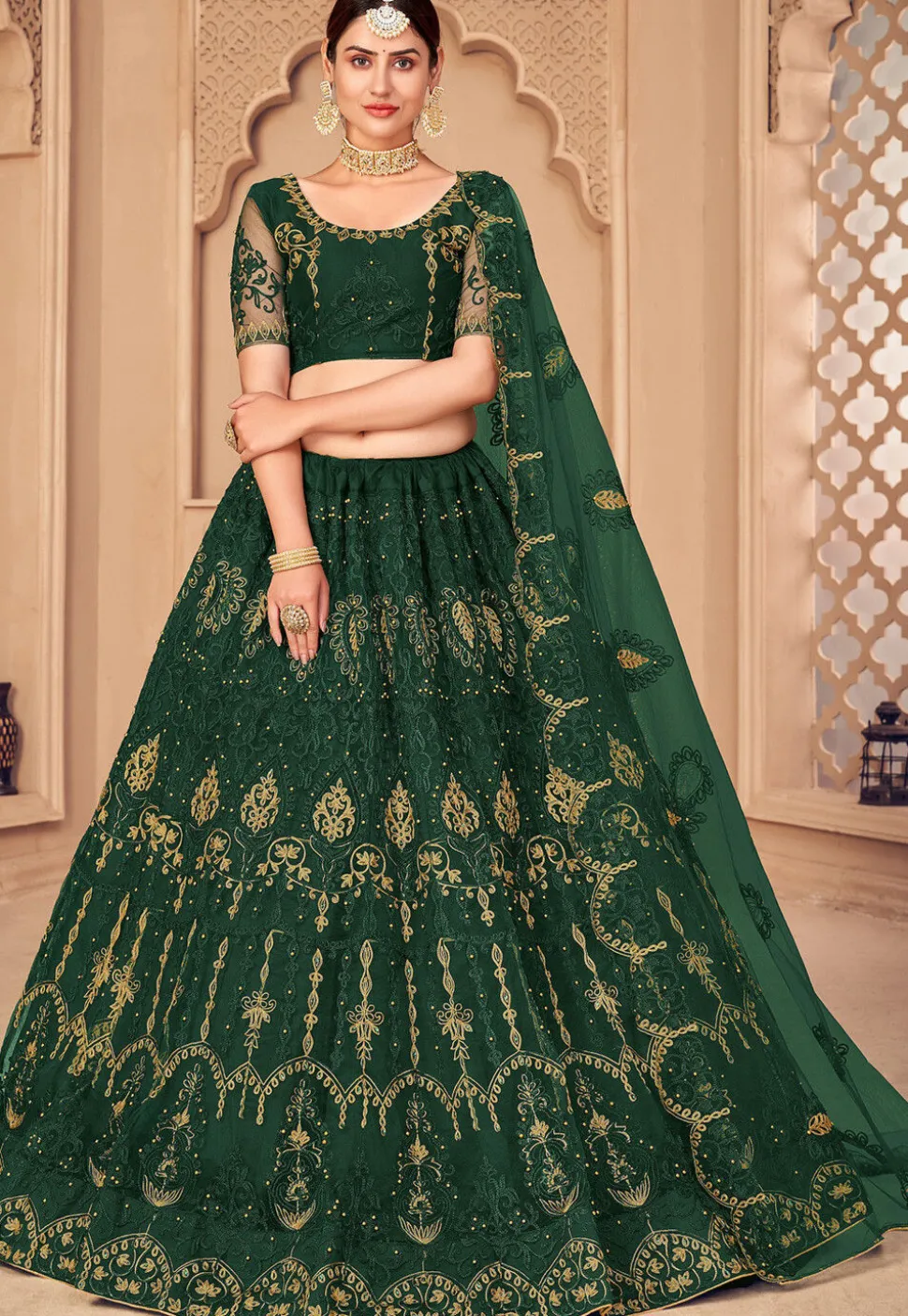 Embroidered Net Lehenga in Dark Green