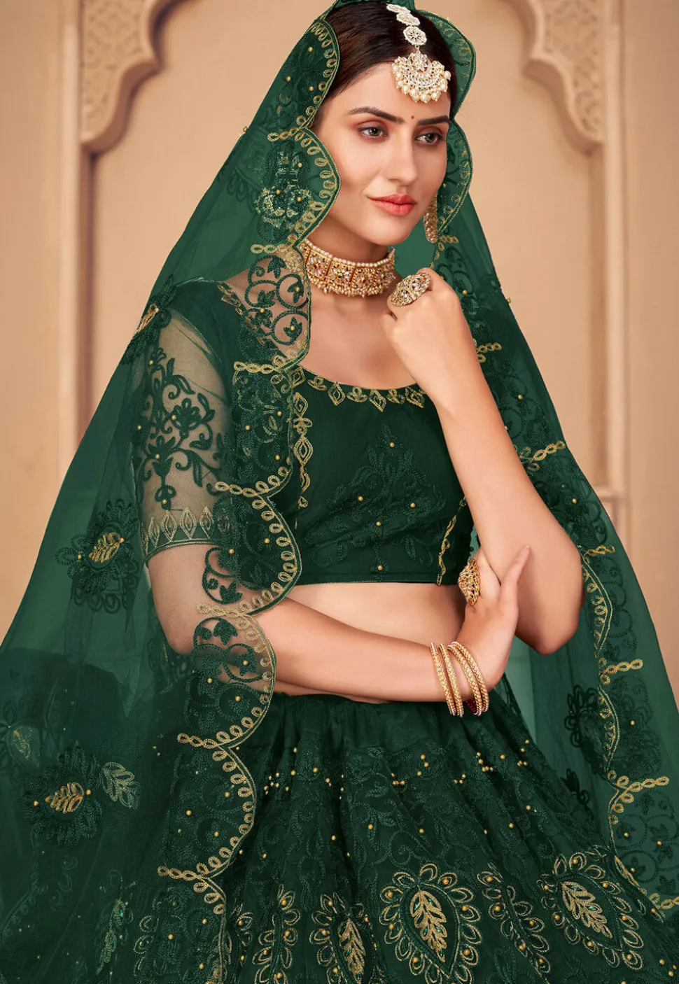 Embroidered Net Lehenga in Dark Green
