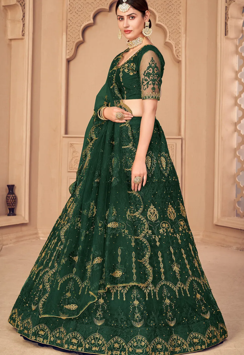 Embroidered Net Lehenga in Dark Green