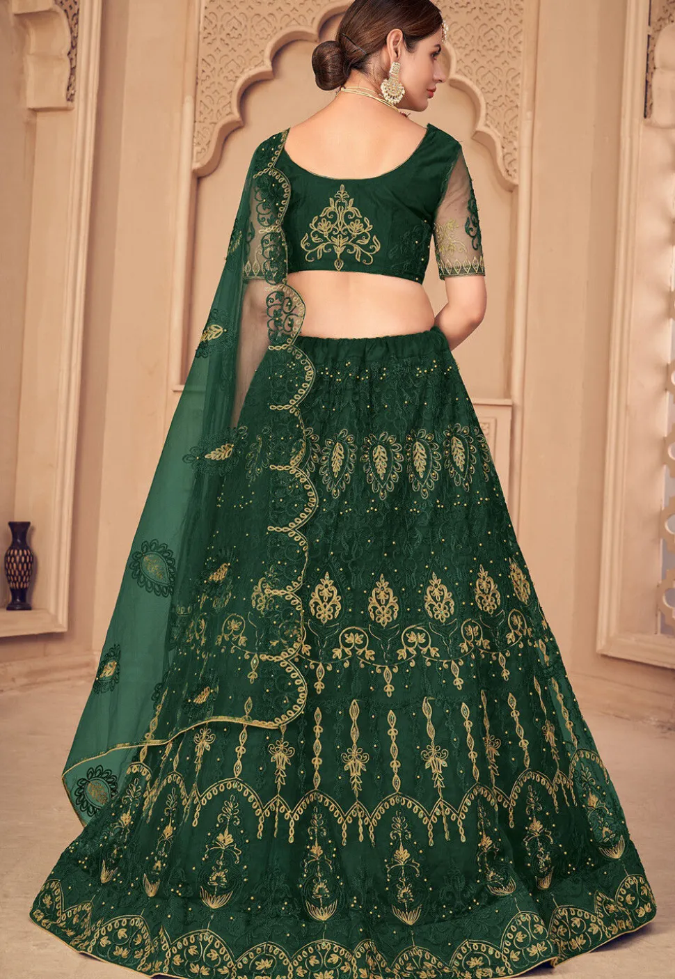 Embroidered Net Lehenga in Dark Green