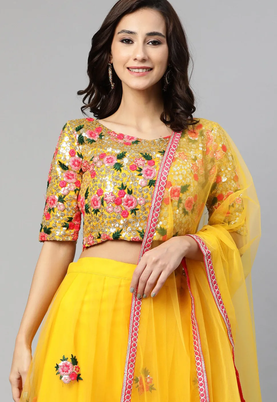 Embroidered Net Lehenga in Yellow