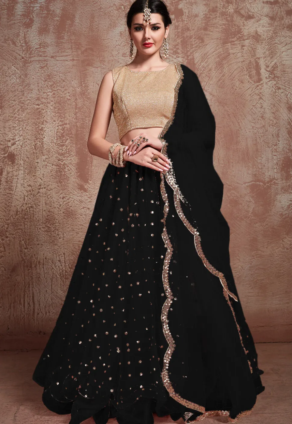 Embroidered Net Lehenga in Black