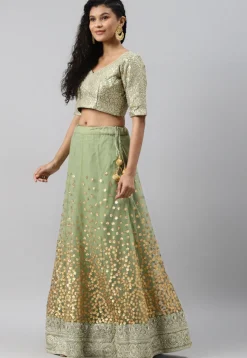 Embroidered Net Lehenga in Light Green