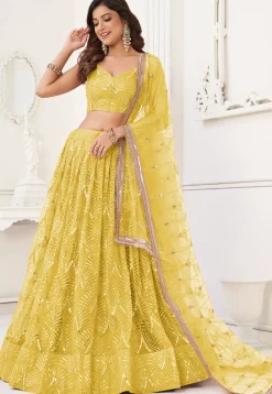 Embroidered Net Lehenga in Yellow
