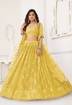 Embroidered Net Lehenga in Yellow