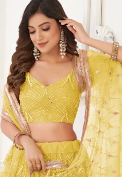 Embroidered Net Lehenga in Yellow