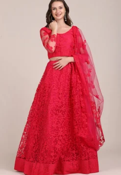 Embroidered Net Lehenga in Fuchsia