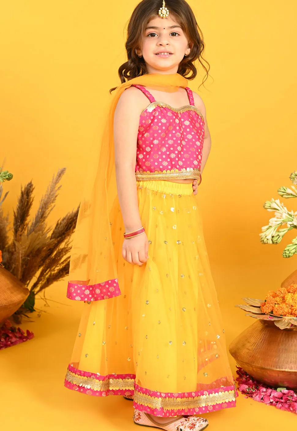 Embroidered Net Lehenga in Yellow