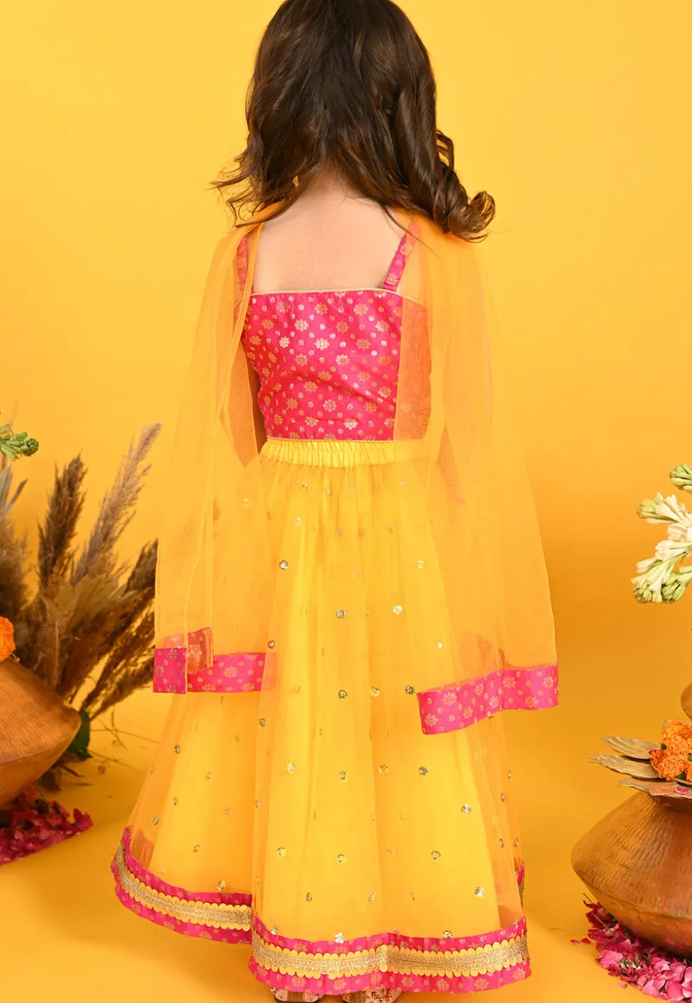 Embroidered Net Lehenga in Yellow