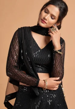 Embroidered Net Lehenga in Black