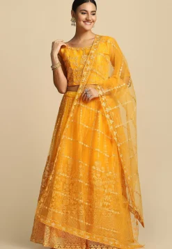 Embroidered Net Lehenga in Yellow