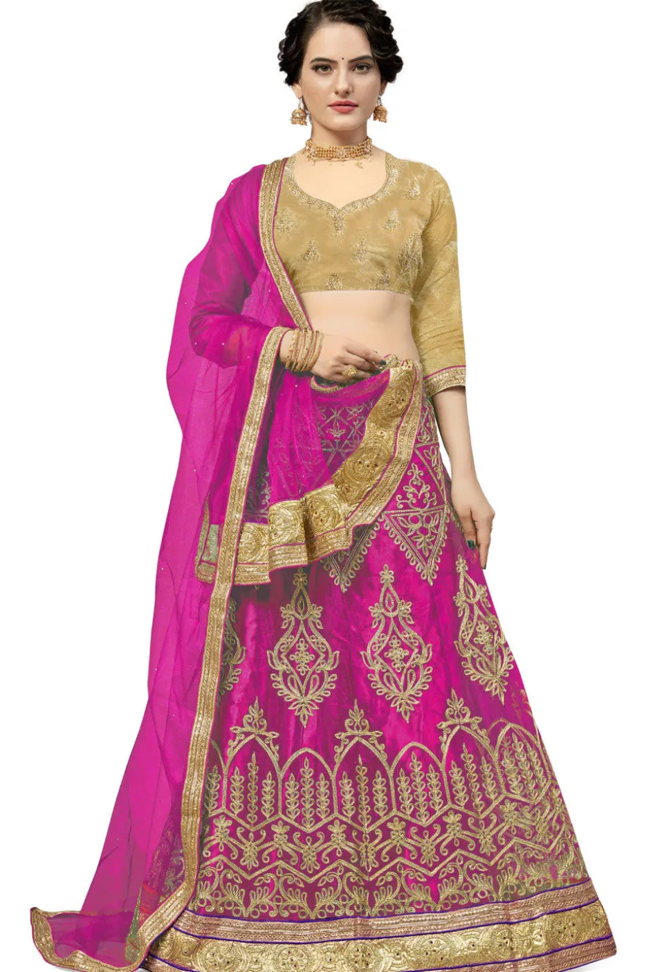 Embroidered Net Lehenga in Fuchsia