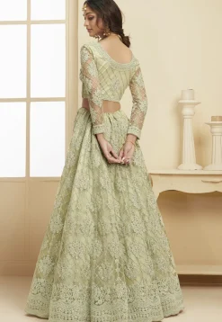 Embroidered Net Lehenga in Pastel Green