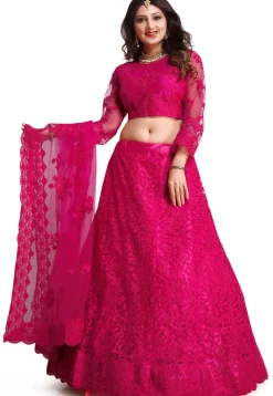 Embroidered Net Lehenga in Dark Pink