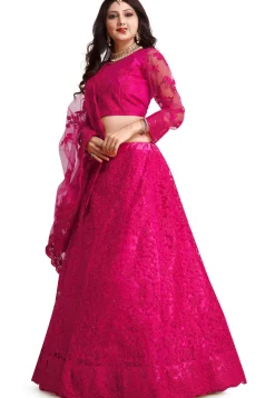 Embroidered Net Lehenga in Dark Pink