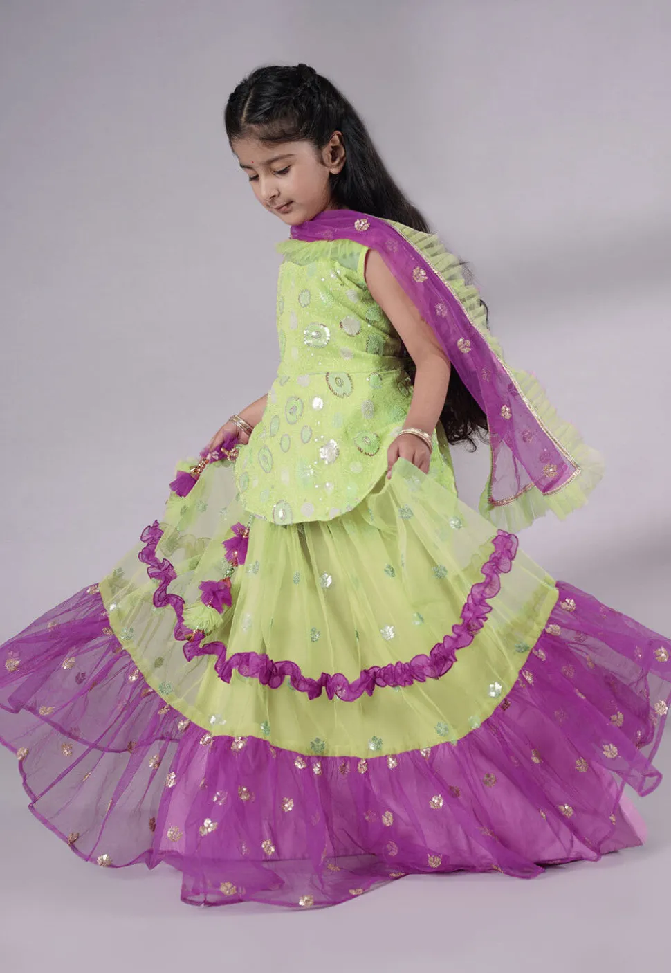 Embroidered Net Lehenga in Olive Green and Purple