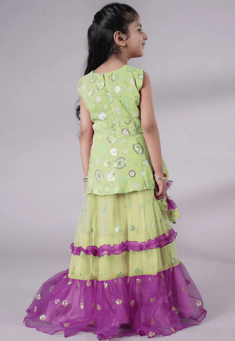 Embroidered Net Lehenga in Olive Green and Purple