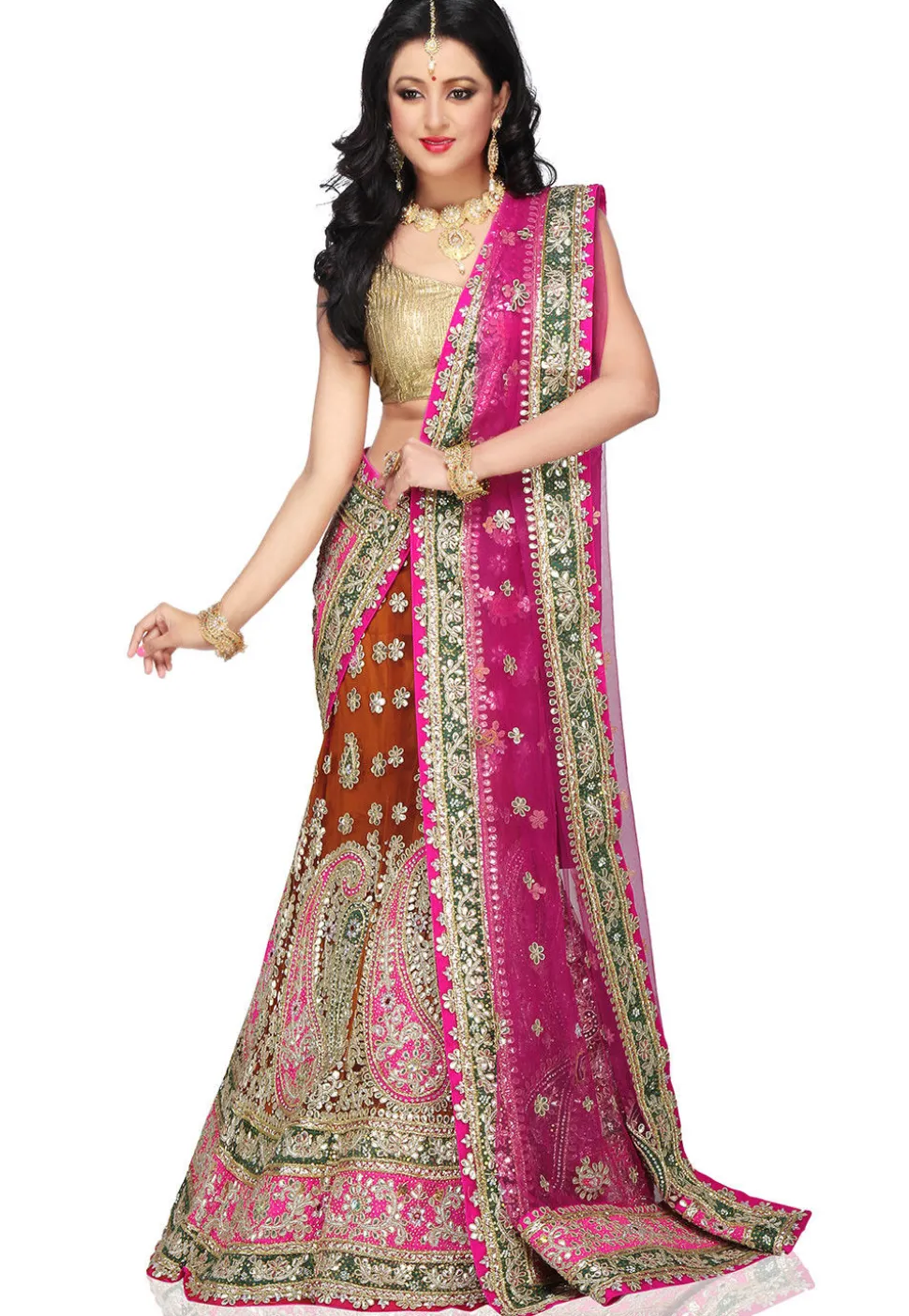 Embroidered Net Lehenga in Rust