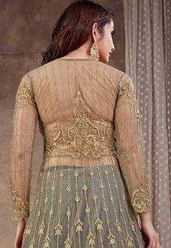 Embroidered Net Lehenga in Grey