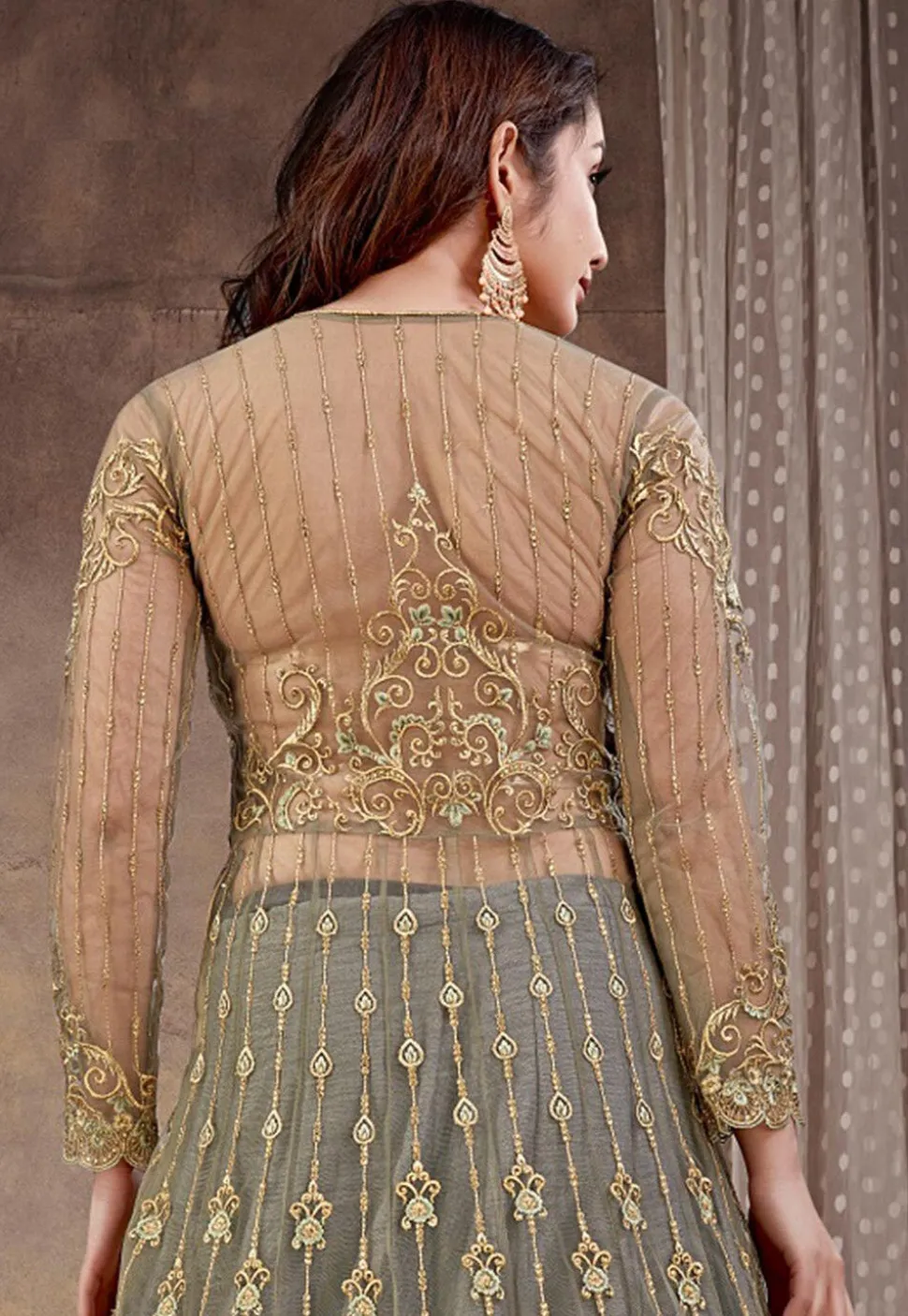 Embroidered Net Lehenga in Grey