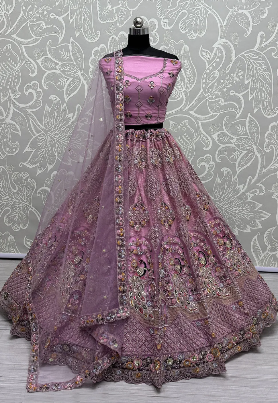 Embroidered Net Lehenga in Purple