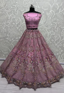 Embroidered Net Lehenga in Purple