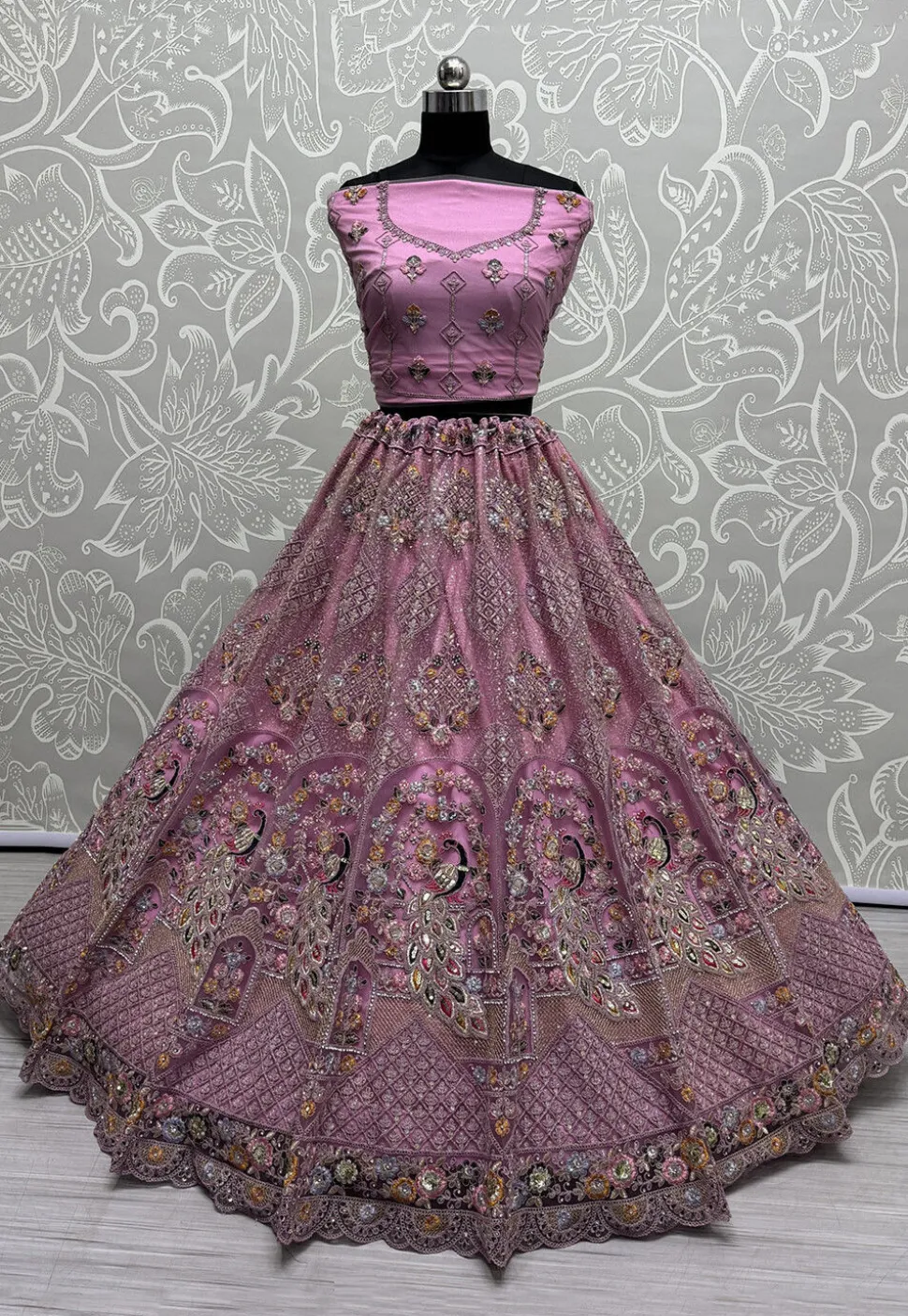 Embroidered Net Lehenga in Purple