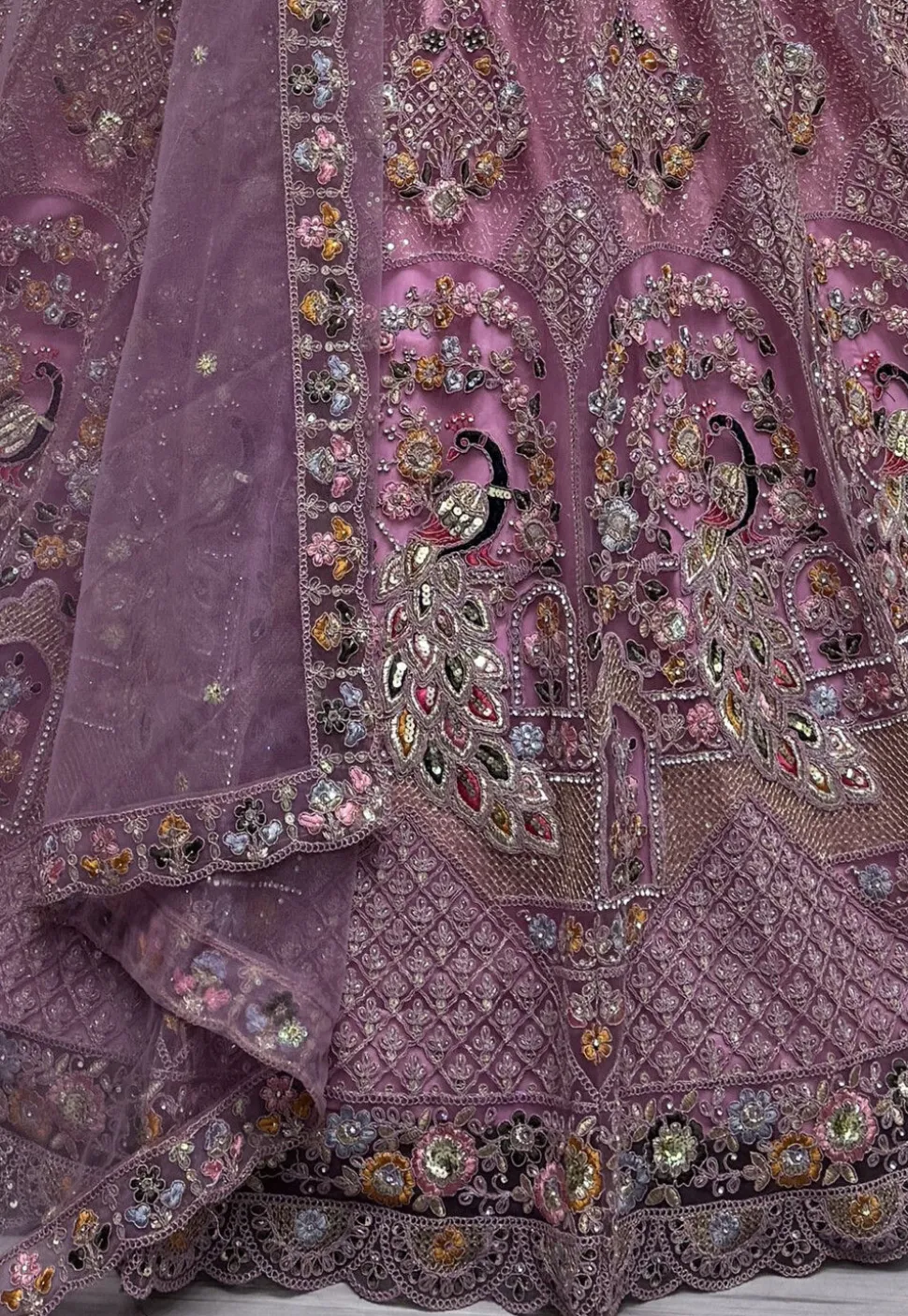 Embroidered Net Lehenga in Purple