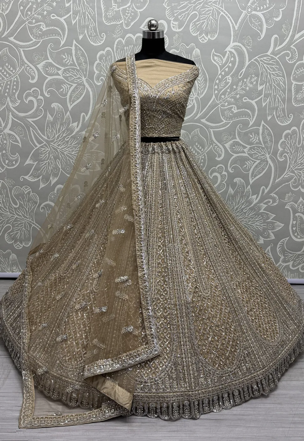 Embroidered Net Lehenga in Beige