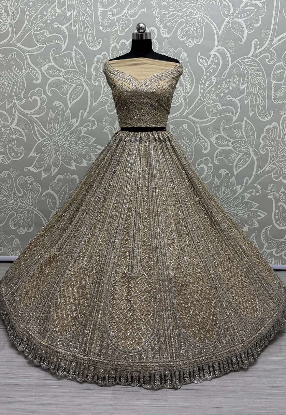 Embroidered Net Lehenga in Beige