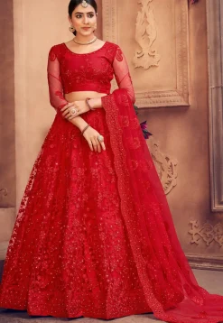 Embroidered Net Lehenga in Red