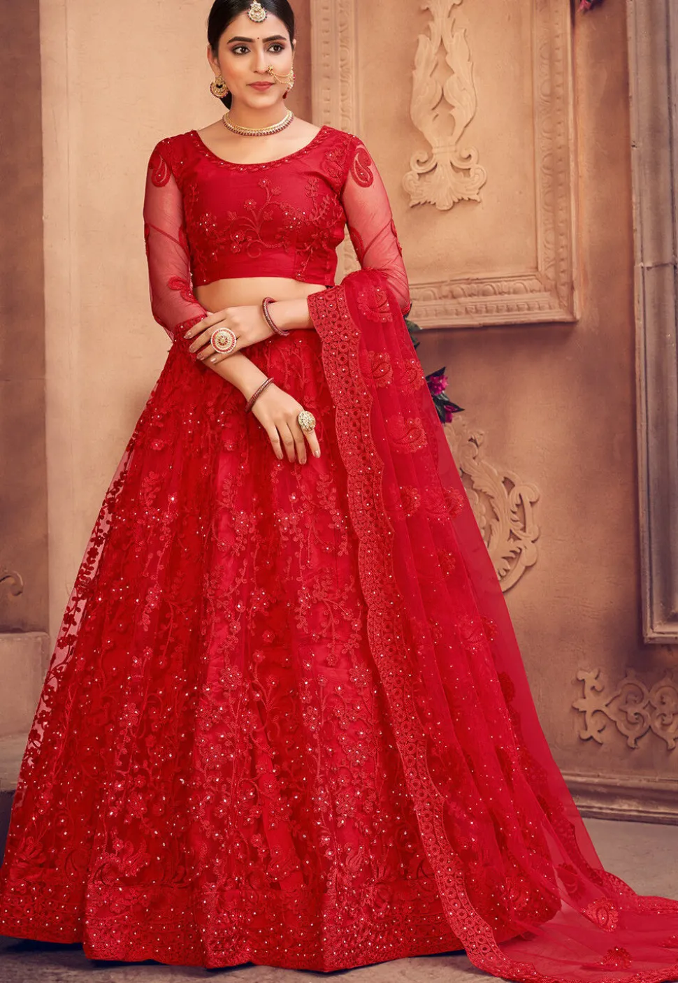 Embroidered Net Lehenga in Red