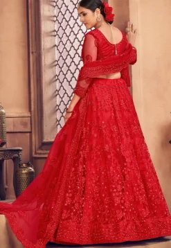 Embroidered Net Lehenga in Red